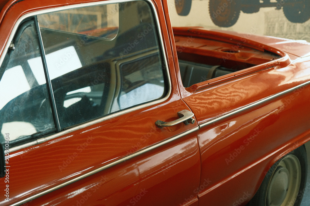 Classic car close up, interior through glass. Old vintage retro car. Classic cars of the 20th century