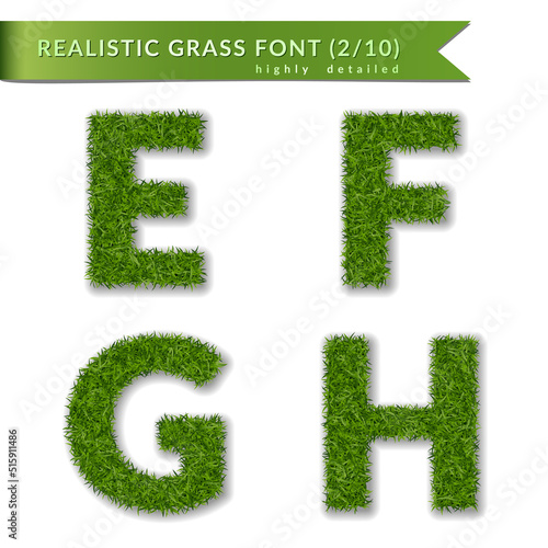 Grass letters E, F, G, H set alphabet 3D design. Capital letter text. Green font isolated white background, shadow. Symbol eco nature environment, save the planet. Detailed meadow Vector illustration