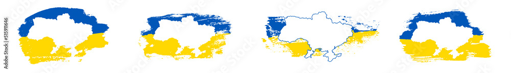 Obraz premium Ukrainian flag set grunge brush stroke, map outline, isolated white background. Blue, yellow color. T-shirt print design textile, fabric. Symbol Ukraine. Design patriotism freedom Vector illustration