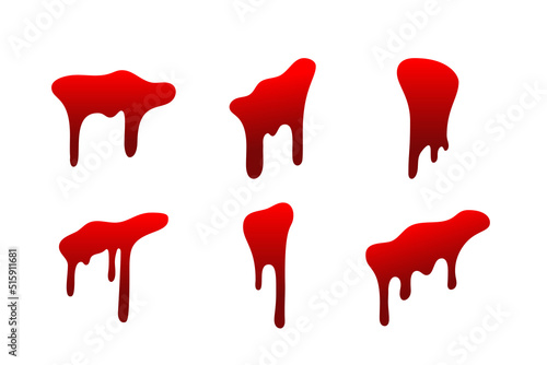 Blood drip cartoon set. Halloween bloodstain isolated white background. Splatter stain. Horror drop flow. Red scare ink. Blot texture. Colorful splash. Stream bleed. Flowing liquid Vector illustration