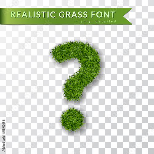 Grass symbol question mark for text, dot, alphabet 3D design. Detailed. Green font isolated white transparent background, shadow. Symbol eco nature, environment, save the planet. Vector illustration