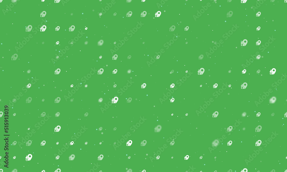 Seamless background pattern of evenly spaced white real estate location symbols of different sizes and opacity. Vector illustration on green background with stars Seamless background pattern of evenly spaced white real estate location symbols of different sizes and opacity. Vector illustration on green background with stars
