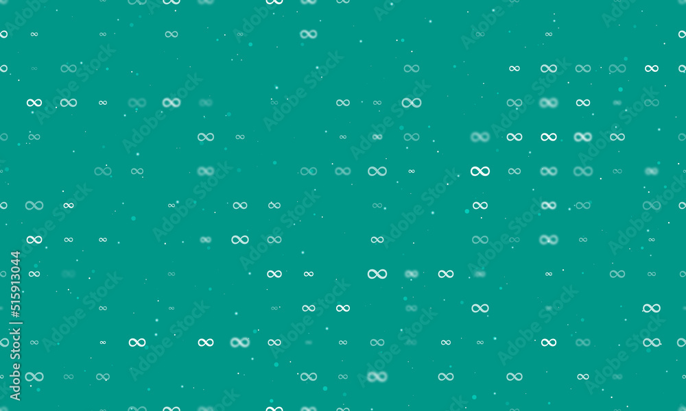 Seamless background pattern of evenly spaced white infinity symbols of different sizes and opacity. Vector illustration on teal background with stars Seamless background pattern of evenly spaced white infinity symbols of different sizes and opacity. Vector illustration on teal background with stars