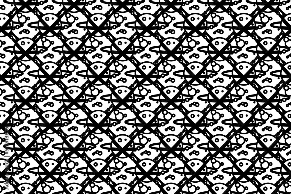 Seamless pattern completely filled with outlines of cosmic symbols. Elements are evenly spaced. Vector illustration on white background
