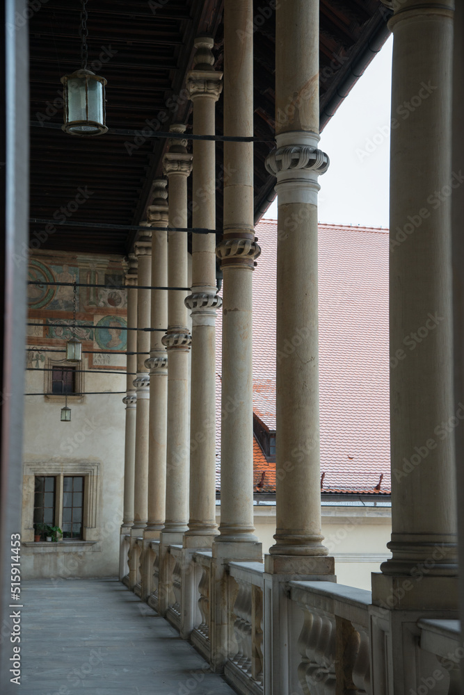 Beautiful open corridor with many columns in a row, Krakow