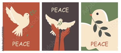 International Day of Peace. Set print. White dove on a green, black and brown vertical poster. Peace to Ukraine.