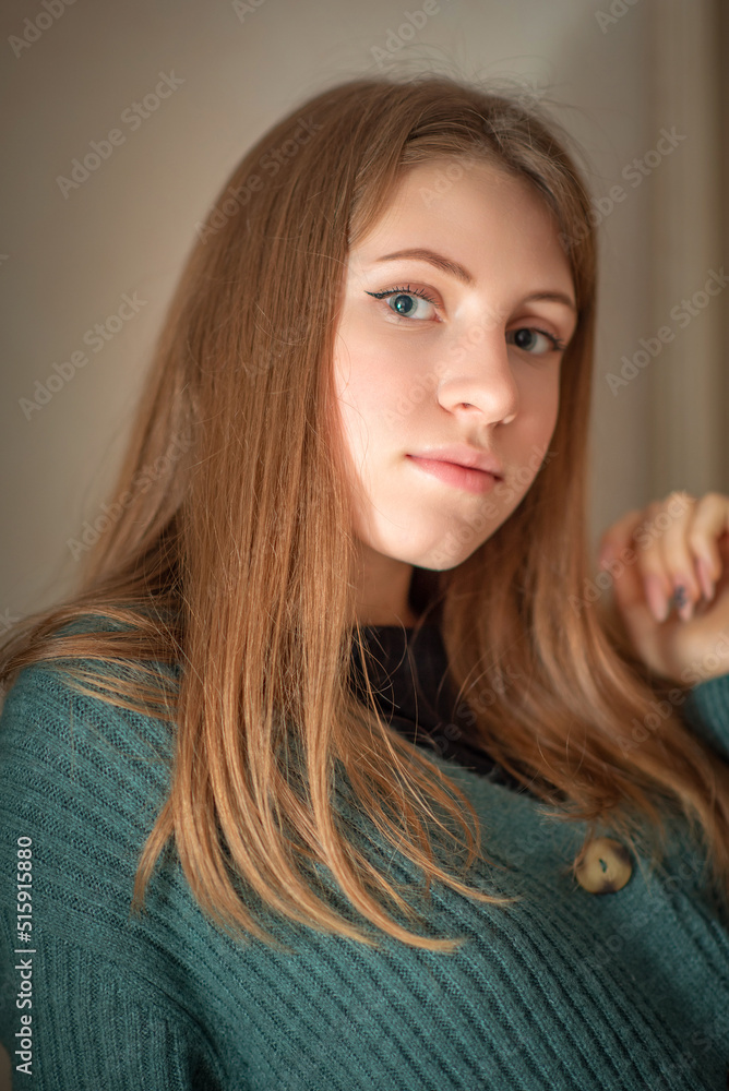Portrait of a young beautiful girl with long hair in a home studio. Portrait of a young beautiful girl with long hair in a home studio.