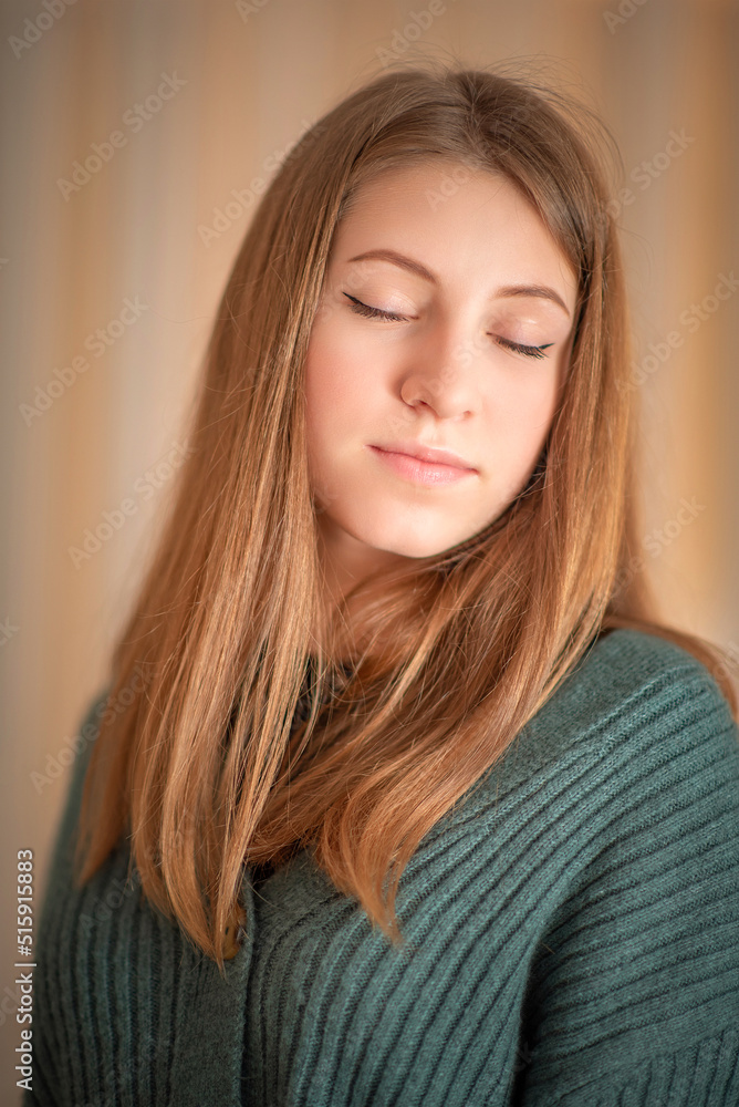 Portrait of a young beautiful girl with long hair in a home studio. Portrait of a young beautiful girl with long hair in a home studio.