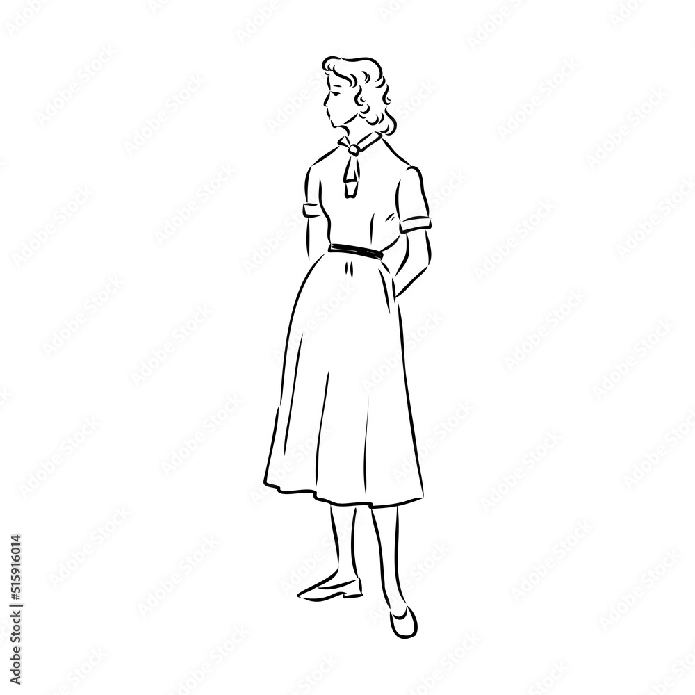 Black and white retro fashion model in sketch style. Hand drawn vector illustration Black and white retro fashion model in sketch style. Hand drawn vector illustration