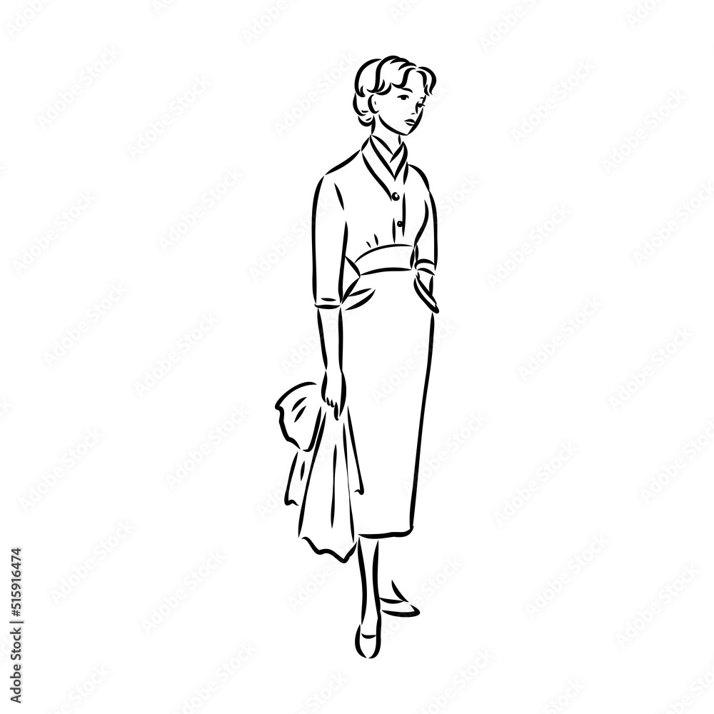 Black and white retro fashion model in sketch style. Hand drawn vector illustration Black and white retro fashion model in sketch style. Hand drawn vector illustration