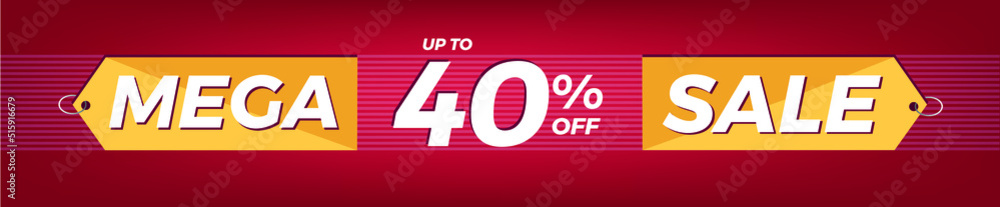 40% off. Horizontal red banner. Advertising for Mega Sale. Up to forty percent discount for promotions and offers. 40% off. Horizontal red banner. Advertising for Mega Sale. Up to forty percent discount for promotions and offers.