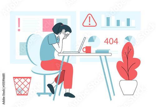 Desperate woman in front of the computer with 404 error. Flat office problem. Software failure