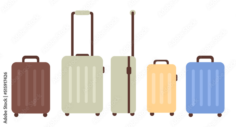 Cartoon colored baggage bag set isolated on white background. Different plastic luggage vector flat illustration. Various travel suitcases, business bags, and backpack Cartoon colored baggage bag set isolated on white background. Different plastic luggage vector flat illustration. Various travel suitcases, business bags, and backpack