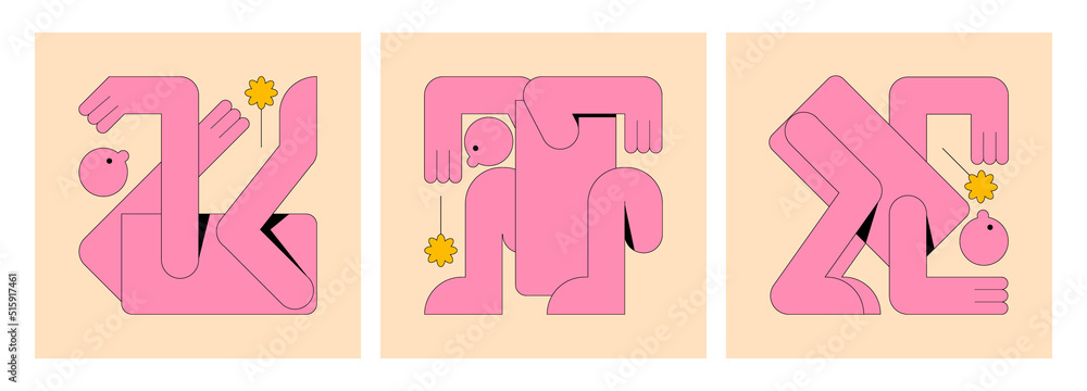 Set of different geometric creatures. Character with a face and a flower. Modern graphic style illustration in various poses. Strange pink vector shapes isolated in rectangle.