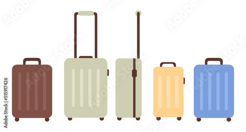 Cartoon colored baggage bag set isolated on white background. Different plastic luggage vector flat illustration. Various travel suitcases, business bags, and backpack