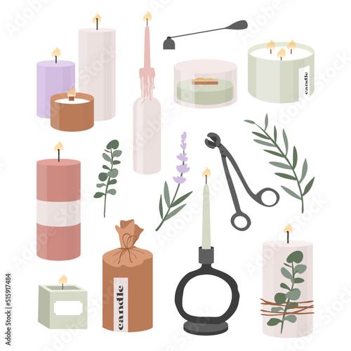 Collection of modern scented candles made of soy and coconut wax, various craft designs handmade candles in glass jars, tools. Home aromatherapy, hygge home decoration set, vector illustration