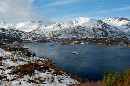 Incredible and famous mountain scenery by the sea in springtime in Norway in the Lofoten Islands. © JHG