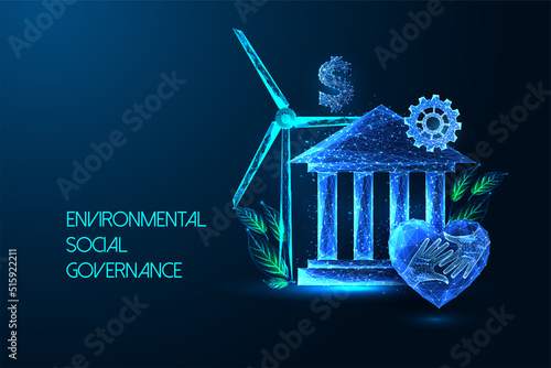 Concept of environmental social governance ESG investment in futuristic glowing style on dark blue