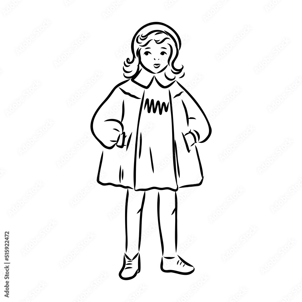 Black and white retro fashion model in sketch style. Hand drawn vector illustration