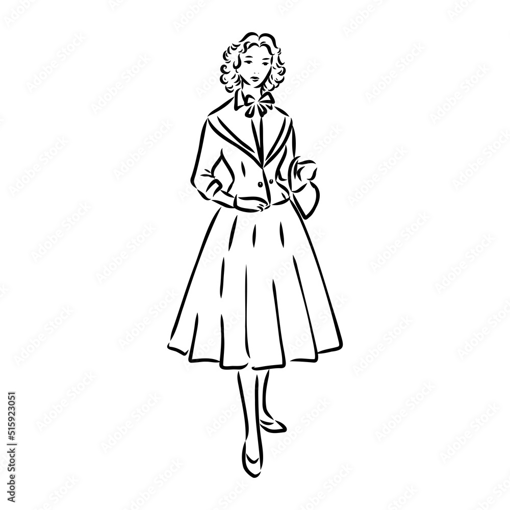 Black and white retro fashion model in sketch style. Hand drawn vector illustration Black and white retro fashion model in sketch style. Hand drawn vector illustration