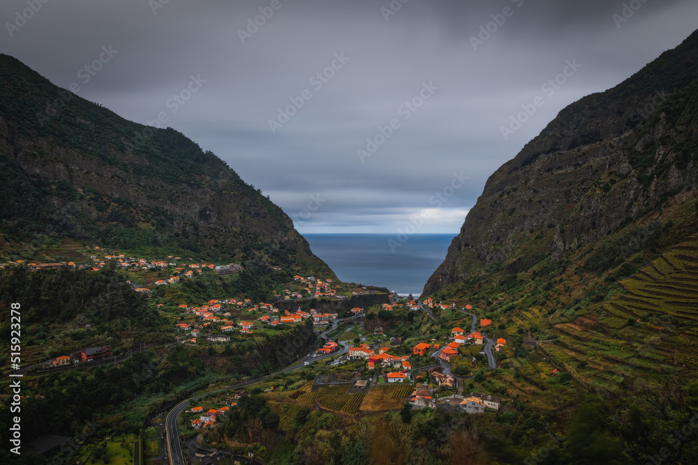Sao Vicente or San Vicente, Madeira, Portugal - October 2021: The fragment view of Sao Vicente village from mountain. Long exposure picture