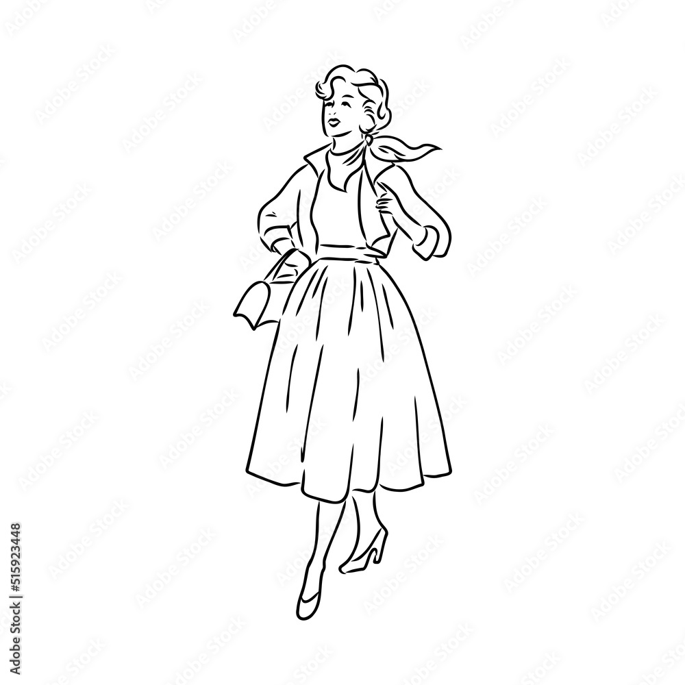 Black and white retro fashion model in sketch style. Hand drawn vector illustration Black and white retro fashion model in sketch style. Hand drawn vector illustration
