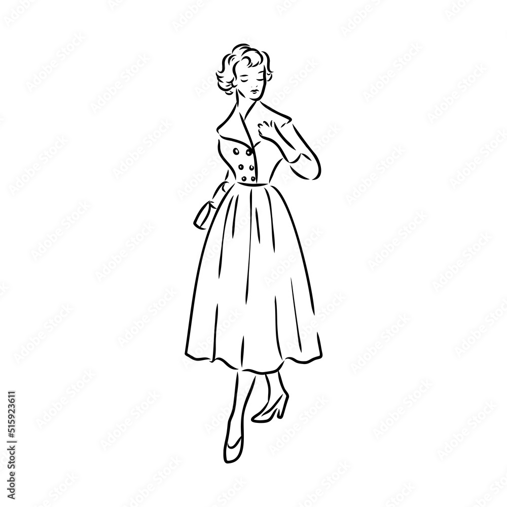 Black and white retro fashion model in sketch style. Hand drawn vector illustration Black and white retro fashion model in sketch style. Hand drawn vector illustration
