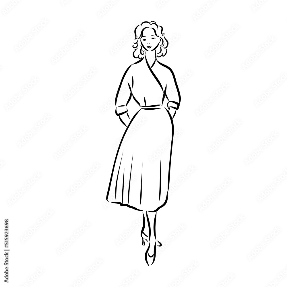 Black and white retro fashion model in sketch style. Hand drawn vector illustration Black and white retro fashion model in sketch style. Hand drawn vector illustration