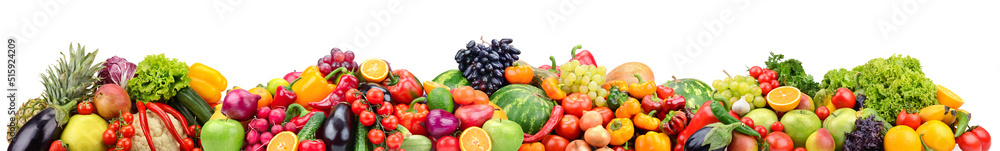 Bright berries, fruits and vegetables isolated on white