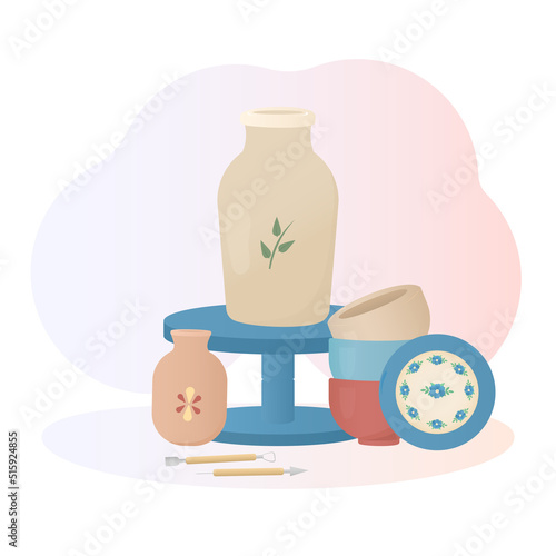 Pottery. Vector illustration for pottery school, shop with goods for hobbies and handicrafts, master class