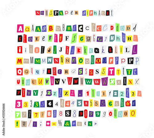 Nnewspaper magazine alphabet collage ABC handmade cutting text numbers and punctuation marks