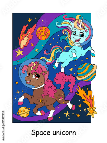 Fototapeta Naklejka Na Ścianę i Meble -  Cute unicorns in space color vector illustration