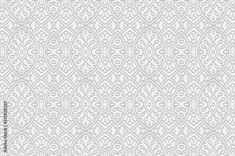 Embossed white background, ethnic cover design. Geometric openwork 3D pattern. Tribal ornaments based on East, Asia, India, Mexico, Aztecs, Peru for design and decor.
