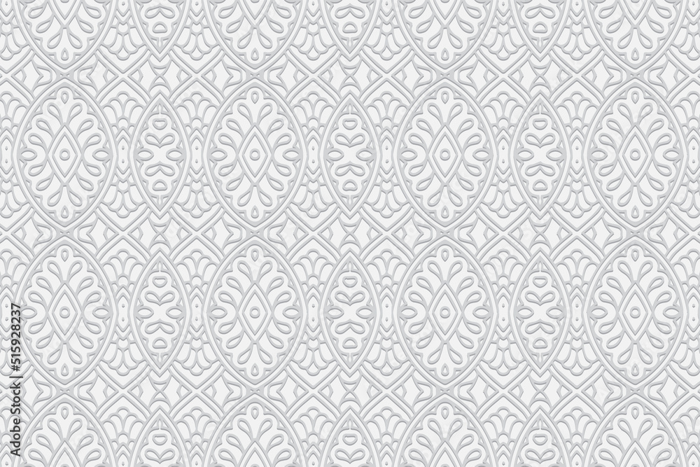 Embossed white background, ethnic cover design. Geometric openwork 3D pattern. Tribal ornaments based on East, Asia, India, Mexico, Aztecs, Peru for design and decor.
Embossed white background, ethnic cover design. Geometric openwork 3D pattern. Tribal ornaments based on East, Asia, India, Mexico, Aztecs, Peru for design and decor.