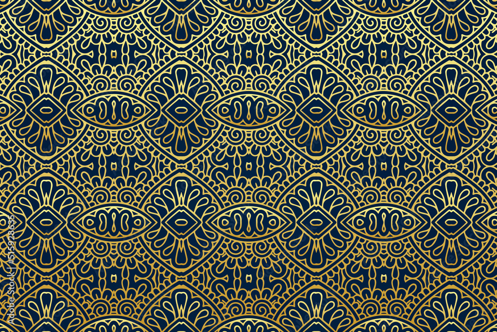 Embossed dark blue background, ethnic cover design. Geometric golden lace 3D pattern, arabesque. Tribal ornaments based on East, Asia, India, Mexico, Aztecs, Peru for design and decor.
