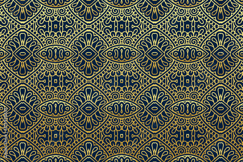 Embossed dark blue background  ethnic cover design. Geometric golden lace 3D pattern  arabesque. Tribal ornaments based on East  Asia  India  Mexico  Aztecs  Peru for design and decor. 