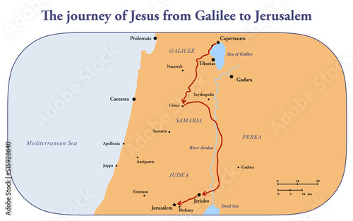 Stampa su tela The journey of Jesus Christ from Galilee to Jerusalem