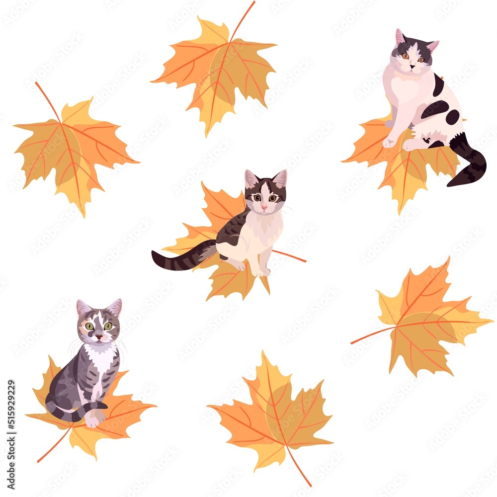 Cats with a speck on the muzzle in the form of a maple leaf fly on large yellow maple leaves isolated on a white background. Beautiful leaf fall. Seamless print for fabric, wallpaper in vector.