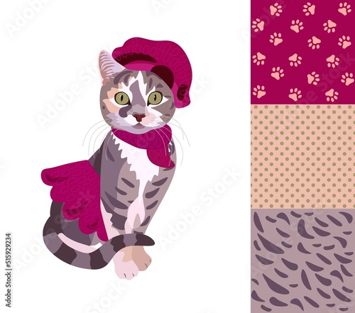 Pretty kitty in knitted beret, scarf and burgundy skirt isolated on white background and three seamless patterns of matching fabrics in vector.
