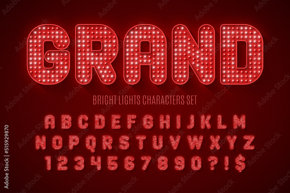 Retro show alphabet design, cabaret, LED lamps letters and numbers