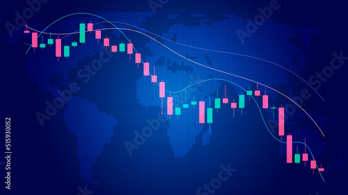 Cryptocurrency loss graph on blue world map.