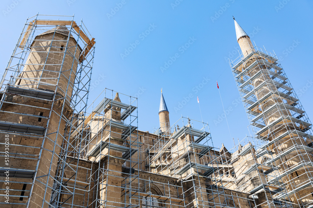 Selimiye Mosque, Nicosia, reconstruction or restoration. Scaffolding around an ancient mosque in Cyprus