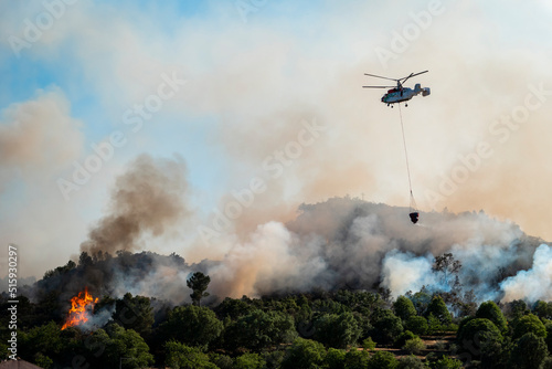 Helicóptero a transportar água para apagar um incêndio florestal que arde num pinheiral deixando uma grande nuvem de fumo branco e negro