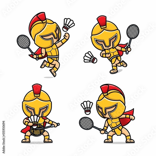 cute cartoon gladiator playing badminton