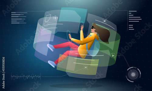 Young woman with VR helmet connecting to futuristic technology metaverse virtual reality and surrounded with future interface 3d hologram big data. Girl controls with meta cyber space headset. Vector
