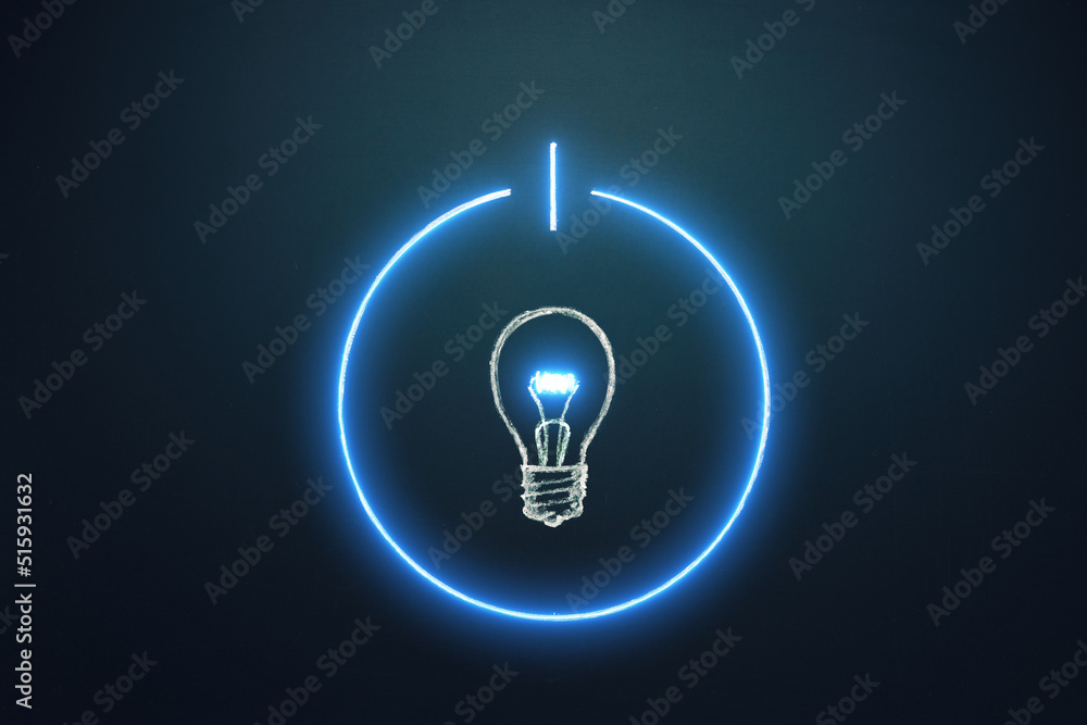 Idea concept. Turn light bulb, switch idea on neon light, innovation, brainstorm, symbol. Copy space. Idea concept. Turn light bulb, switch idea on neon light, innovation, brainstorm, symbol. Copy space.