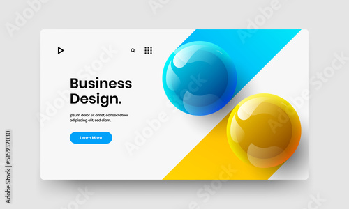 Bright site screen vector design template. Premium 3D spheres presentation layout.