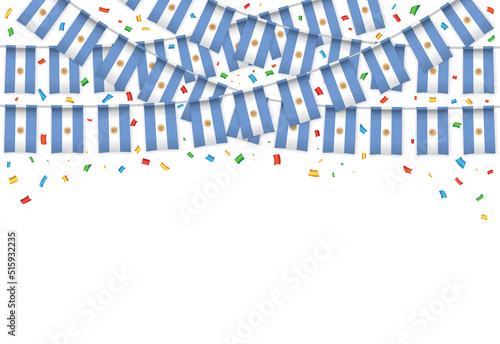 Argentina flag garland white background with confetti, Hang bunting for Argentinian independence Day celebration template banner, Vector illustration