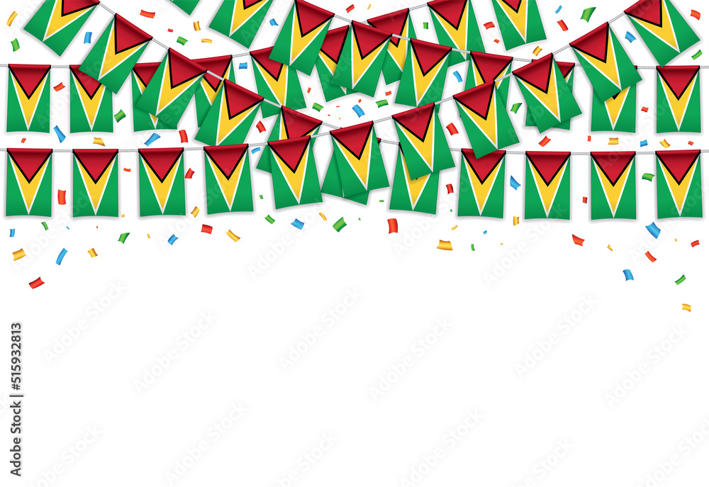 Obraz premium Guyana flag garland white background with confetti, Hang bunting for Guyana independence day celebration template banner, Vector illustration