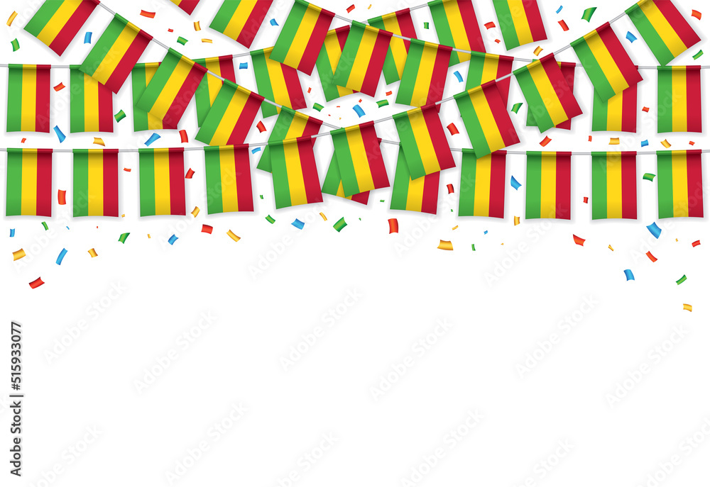 Mali flag garland white background with confetti, Hanging bunting for Malian independence Day celebration template banner, Vector illustration